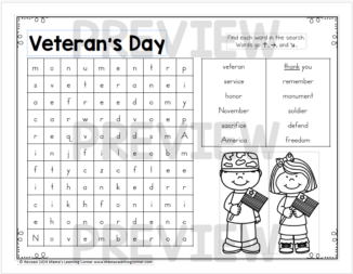 November Word Search Packet Veteran's Day