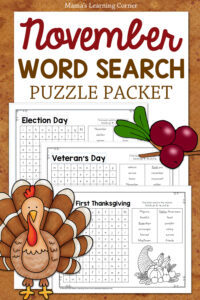 November Word Search Puzzle Packet Thanksgiving Veterans Day