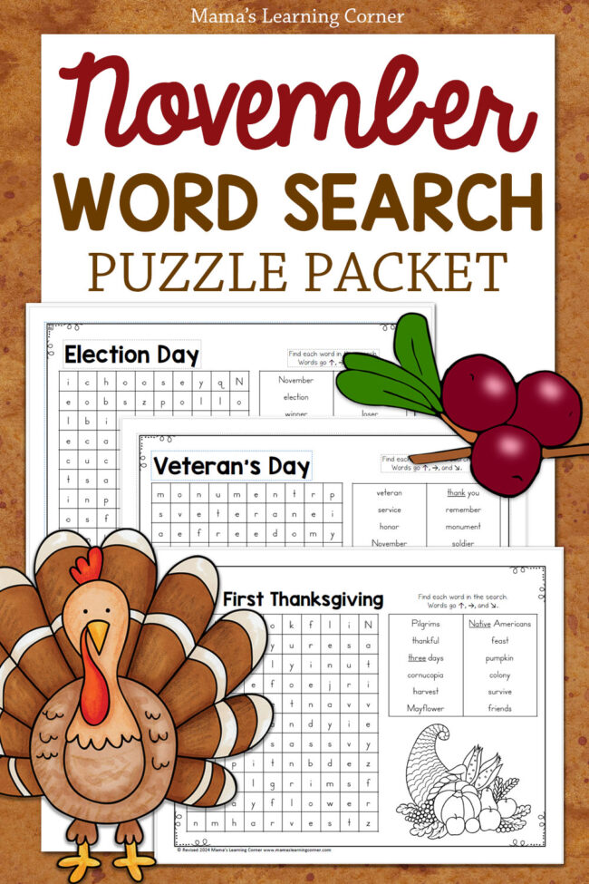 November Word Search Puzzle Packet Thanksgiving Veterans Day - Mamas Learning Corner November Word Search Puzzle Packet Thanksgiving Veterans Day