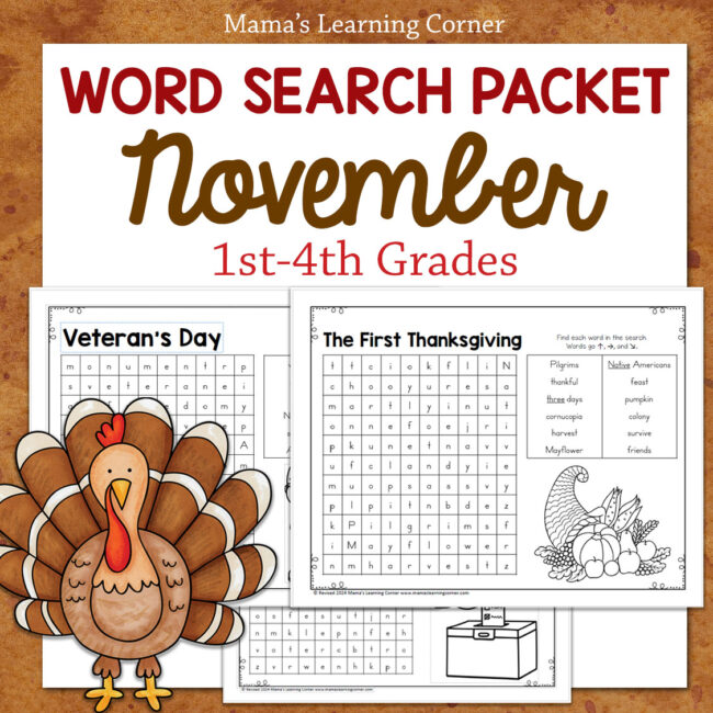 November Word Search Packet - Mamas Learning Corner November word search packet (10 puzzles + answer key