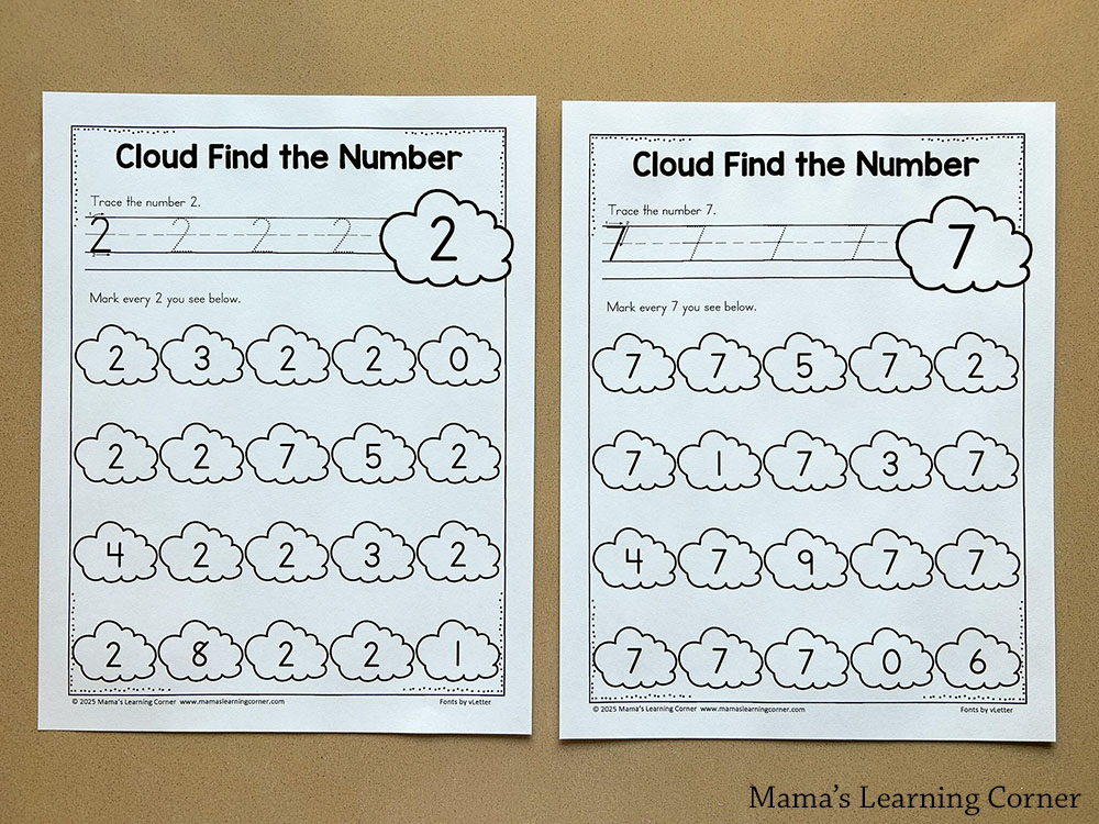 Clouds Find the Number Worksheets