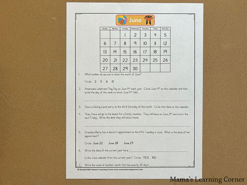 Free June Calendar Worksheet for Kids