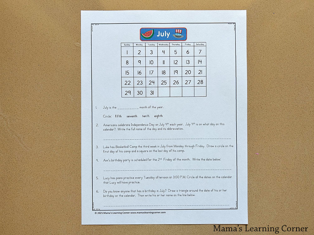 July Calendar Worksheet Undated - Mamas Learning Corner July Calendar Worksheet Undated