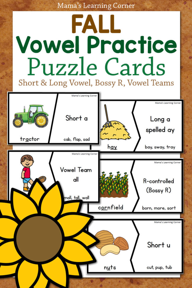 Fall Vowel Activities Puzzle Cards and Worksheets - Mamas Learning Corner Fall Vowel Activities Puzzle Cards and Worksheets