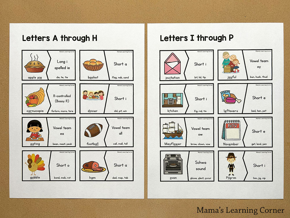 Thanksgiving Vowel Activities Puzzle Cards and Worksheets - Mamas Learning Corner Thanksgiving Vowel Activities Puzzle Cards and Worksheets