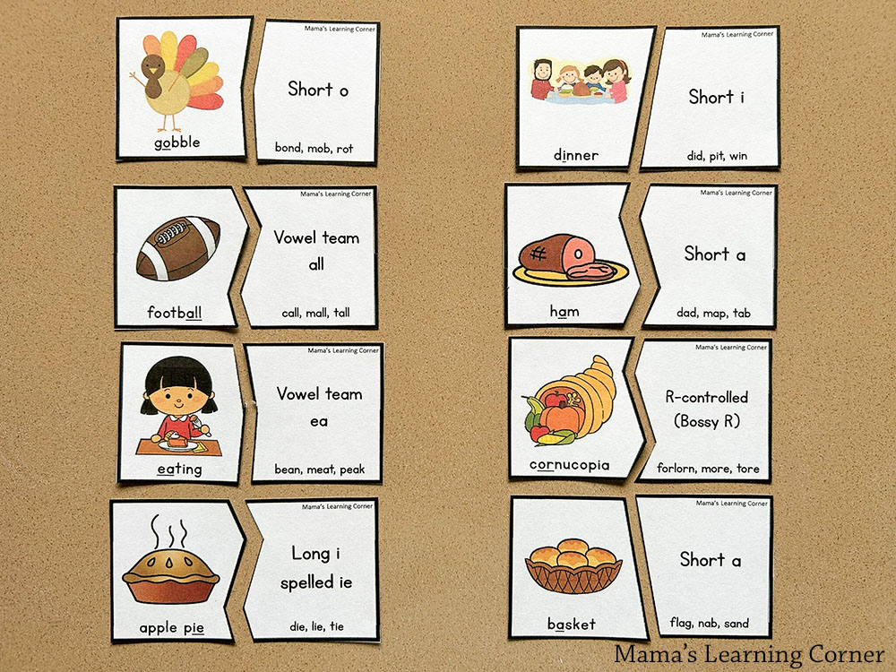 Thanksgiving Vowel Activities Puzzle Cards and Worksheets - Mamas Learning Corner Thanksgiving Vowel Activities Puzzle Cards and Worksheets - Match the Vowel Pairs