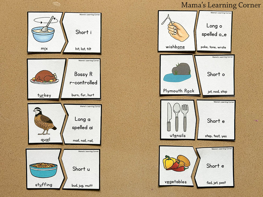 Thanksgiving vowel sounds practice with worksheets