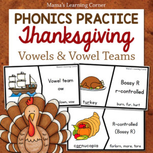 Thanksgiving Vowel Activities Puzzle Cards and Worksheets