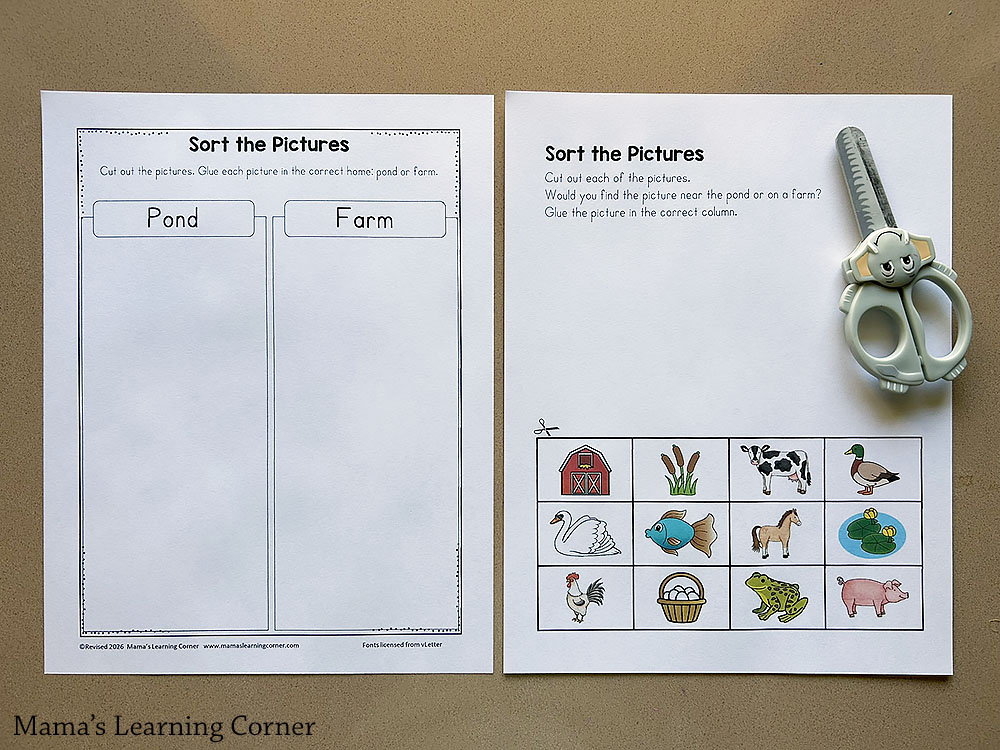 Pond Worksheets for Kinderaf - Mamas Learning Corner Pond Worksheets for Kindergarten and First Grade - sort the pond and the farm pictures