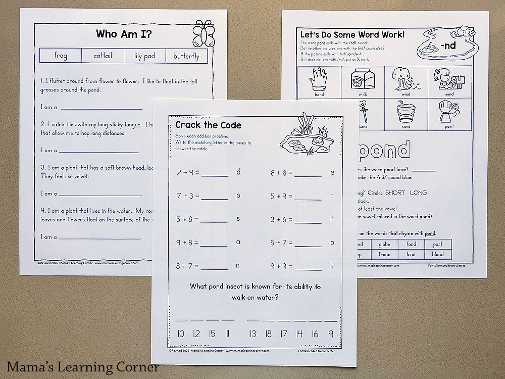 Pond Worksheets for Kindergarten and First Grade Printable Packet