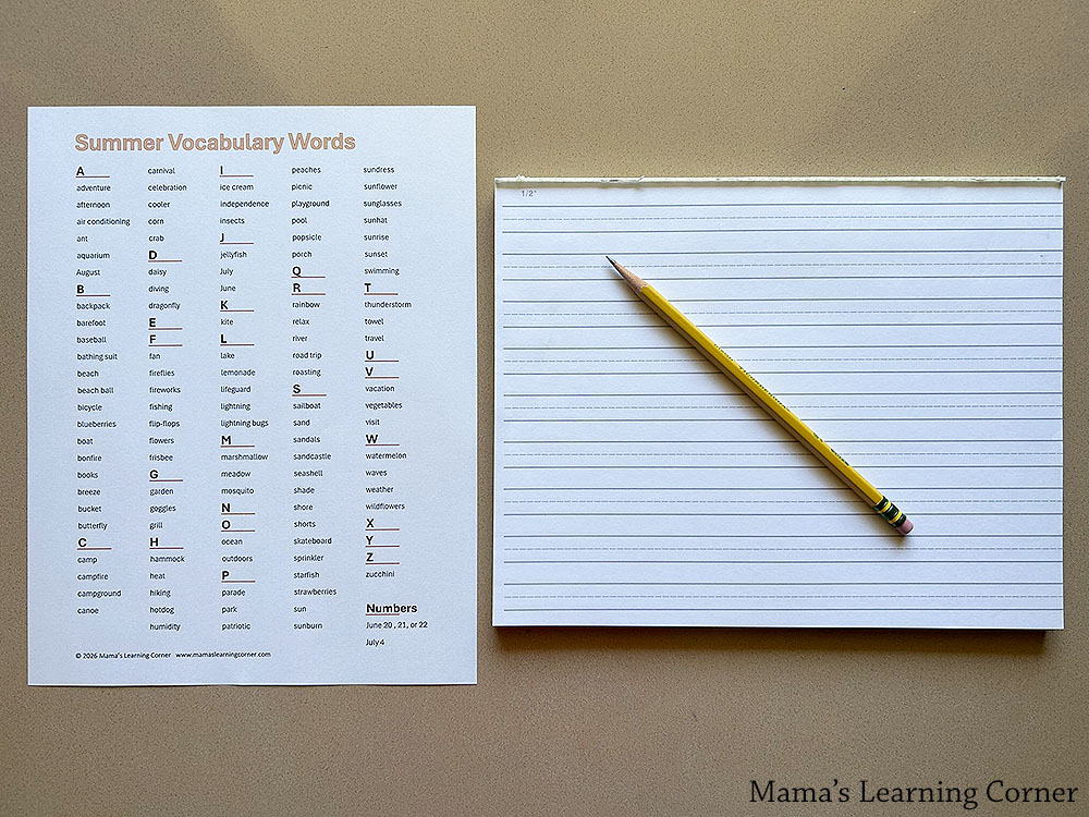 Summer Vocabulary Words List 2 - Mamas Learning Corner Summer Vocabulary Words for Kids handwriting, spelling, and vocabulary