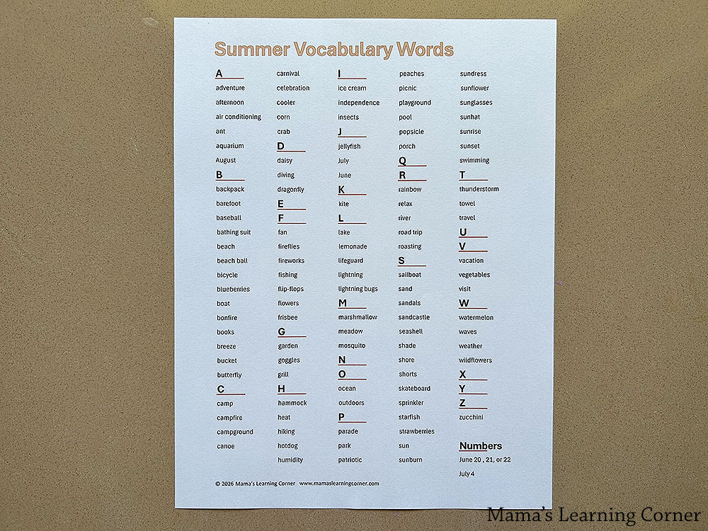 Summer Vocabulary Words List Printable 1 - Mamas Learning Corner Printable summer vocabulary words for homeschool writing and spelling
