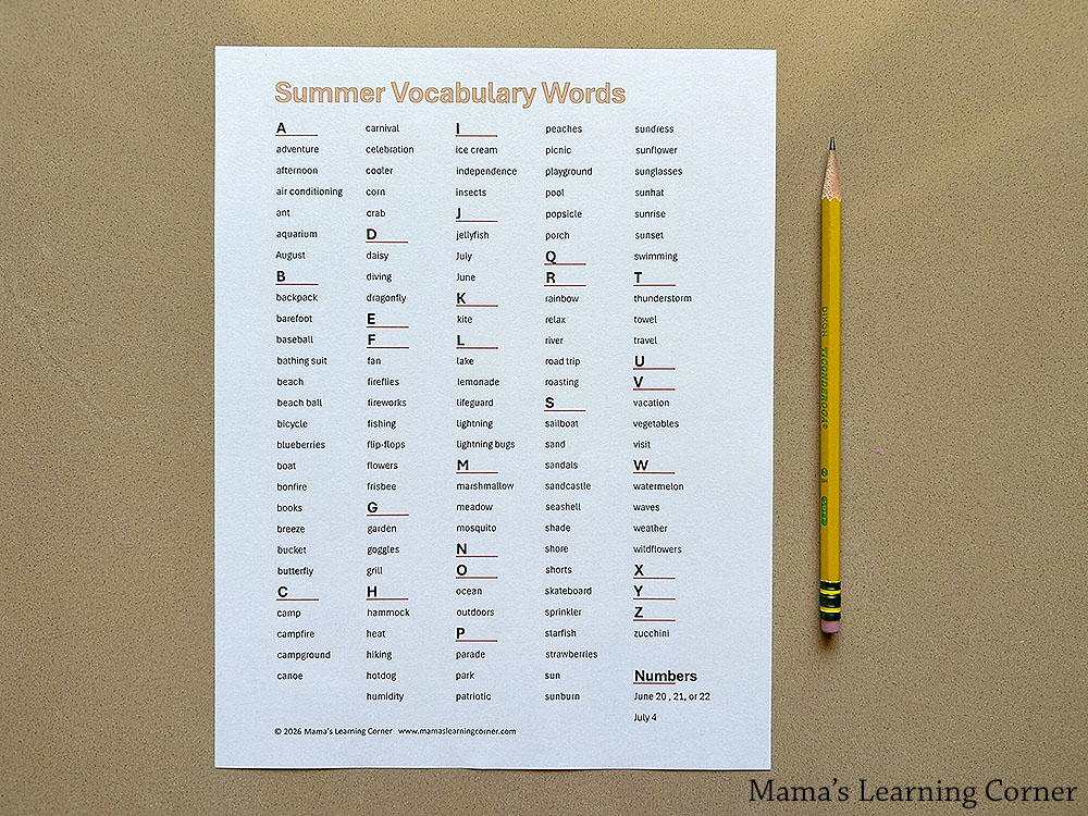 Summer Vocabulary Words List for Kids 3 - Mamas Learning Corner Summer word list printable for kids