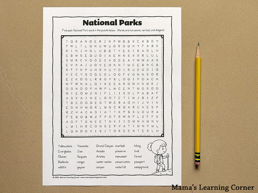 Summer Word Searches National Parks - Mamas Learning Corner Word search puzzle titled'National Parks' on a printed page, with a yellow pencil to the right and a small cartoon child at the bottom corner.