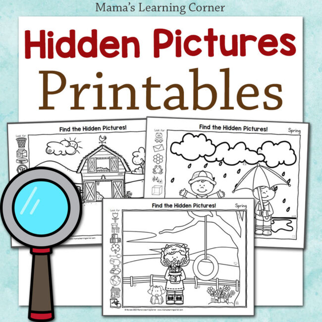 Hidden Pictures Printables Hub Square - Mamas Learning Corner Cover of Mama's Learning Corner Hidden Pictures Printables set, with a magnifying glass foreground and several kid-friendly activity sheets in the background.