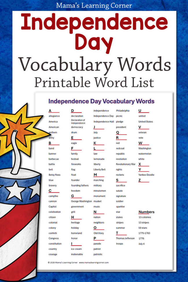 Independence Day Vocabulary Words List Printable