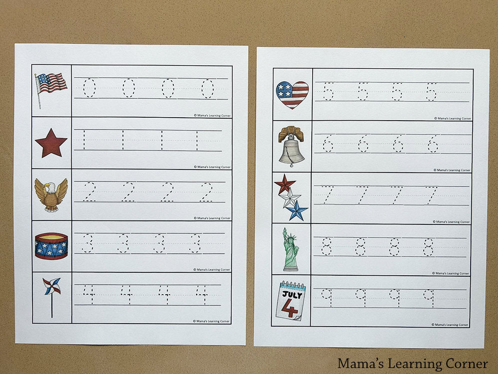 Patriotic Number Tracing Worksheets - Mamas Learning Corner Two printable worksheets for tracing numbers, each row paired with patriotic icons (flag, star, eagle, drum, pinwheel, fireworks, July 4 calendar).