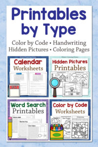 Printables by Type Worksheets - Mamas Learning Corner Cover image for 'Printables by Type' showing subtitle and four sample worksheets: Calendar Worksheets, Hidden Pictures Printables, Word Search Printables, and Color by Code Worksheets.