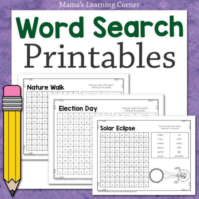 Word Search Printables Hub Square - Mamas Learning Corner Product cover for Word Search Printables by Mama’s Learning Corner with sample worksheets and a pencil on purple background.