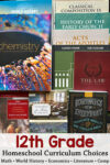 Collage of 12th-grade homeschool textbooks including World History, Chemistry, Classical Composition IX, History of the Early Church, Acts of the Apostles, The Law, Economics for Everybody.