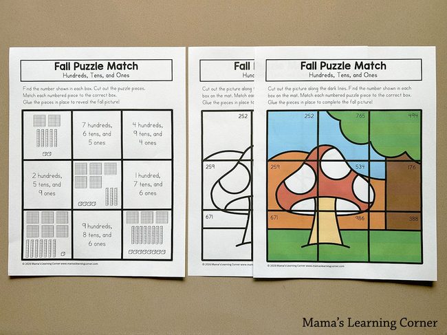 Three fall-themed Fall Puzzle Match worksheets showing hundreds, tens, and ones blocks with a colored puzzle on the right.