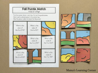 Printable Fall Puzzle Match activity sheet with a 3x3 grid of questions and colorful fall-themed puzzle pieces to place on the grid.