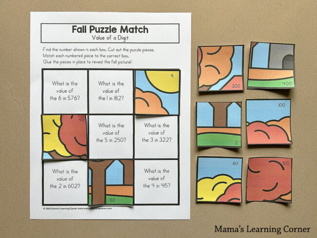 Printable Fall Puzzle Match activity sheet with a 3x3 grid of questions and colorful fall-themed puzzle pieces to place on the grid.