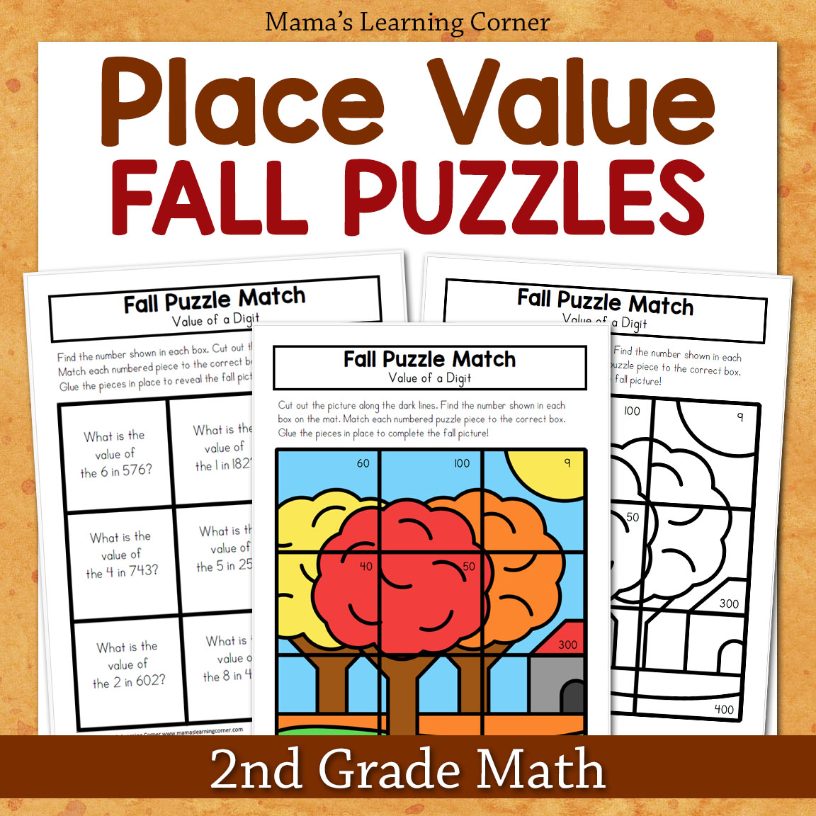 Fall Place Value Puzzles for 2nd Grade with Hundreds, Tens, and Ones