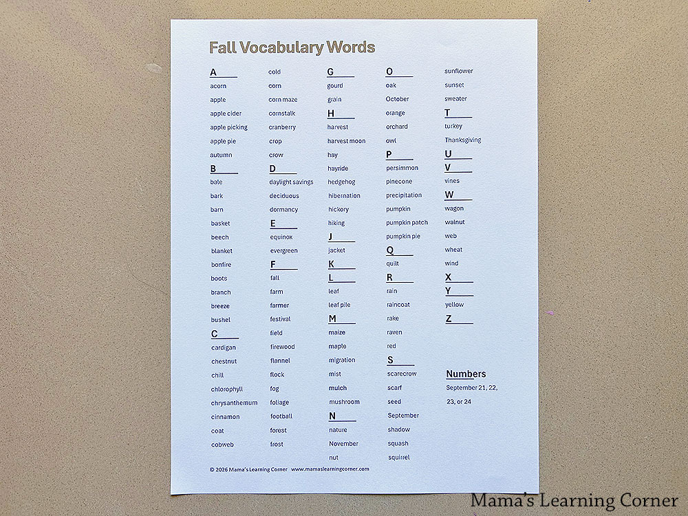 Fall Vocabulary Words List Printable - Mamas Learning Corner Fall Vocabulary Words List Printable