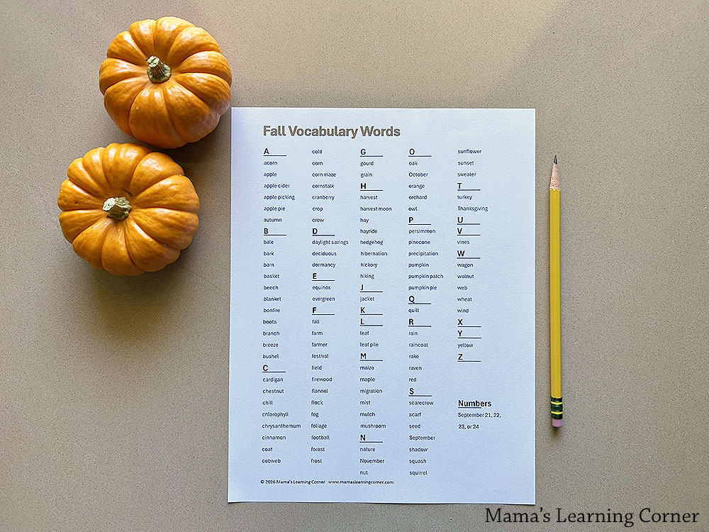 Fall Vocabulary Words List Printable PDF - Mamas Learning Corner Fall Vocabulary Words List Printable PDF