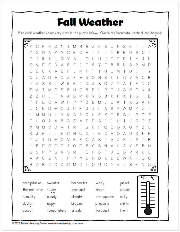 Fall Weather Word Search - Mamas Learning Corner Fall weather word search for 3rd 4th and 5th grade