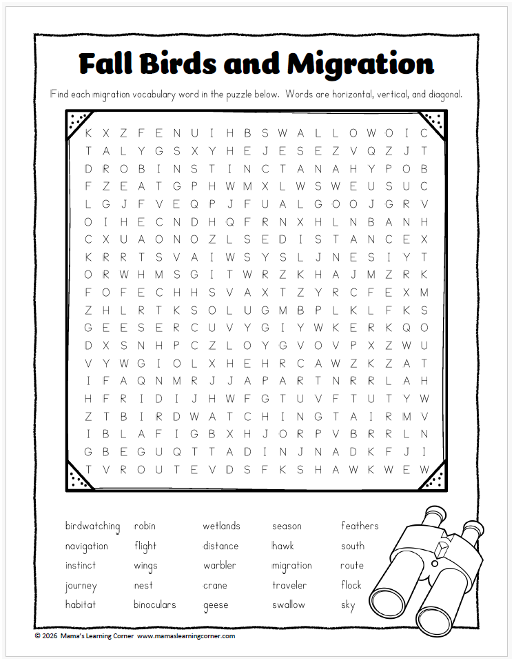 Fall Birds and Migration Word Search - Mamas Learning Corner Fall Word search for fall birds and migration