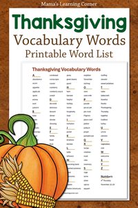 Printable Thanksgiving vocabulary word list poster featuring a large green 'Thanksgiving' title and a pumpkin illustration.