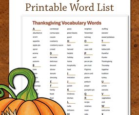 Printable Thanksgiving vocabulary word list poster featuring a large green 'Thanksgiving' title and a pumpkin illustration.